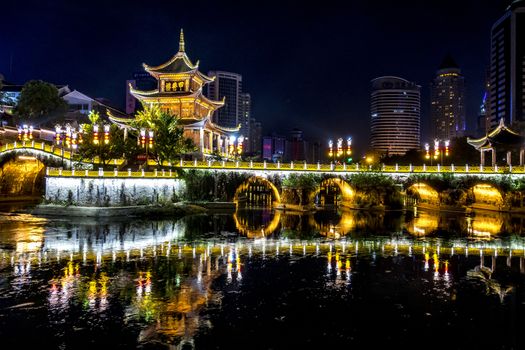 The Jiaxiu Pavilion in Guiyang city of Guizhou province, China. The Chinese character in the photo is the name of the the pavilion and it is a public good no property release required.