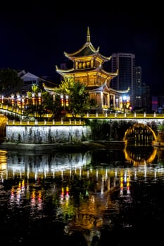 The Jiaxiu Pavilion in Guiyang city of Guizhou province, China. The Chinese character in the photo is the name of the the pavilion and it is a public good no property release required.