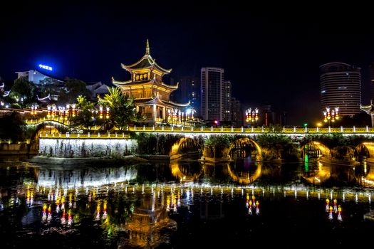 The Jiaxiu Pavilion in Guiyang city of Guizhou province, China. The Chinese character in the photo is the name of the the pavilion and it is a public good no property release required.