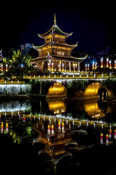 The Jiaxiu Pavilion in Guiyang city of Guizhou province, China. The Chinese character in the photo is the name of the the pavilion and it is a public good no property release required.