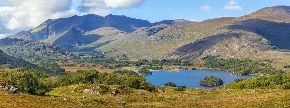 Panoramic landscape from Ladies View is a scenic viewpoint on the Ring of Kerry tourist route. Ireland