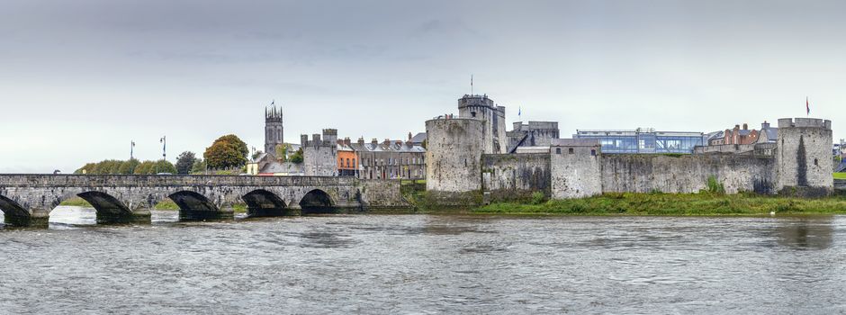 Panoramic view of King John's Castle and bridge from Shannon river, Limerick, Ireland