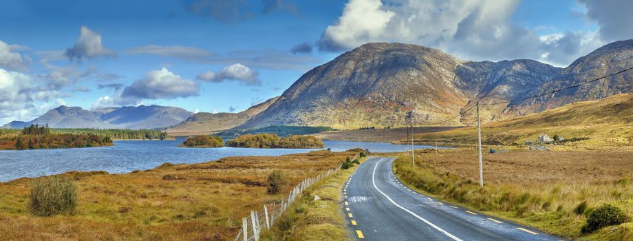 Panopramic landscape with Inagh lake and mountains in Galway county, Ireland