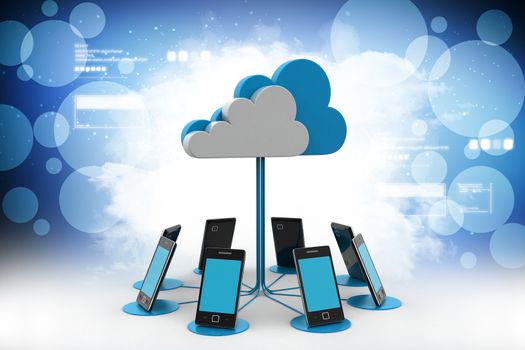 Smart phones network with cloud computing in color background