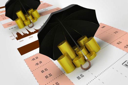 Gold coins under a black umbrella with stock chart