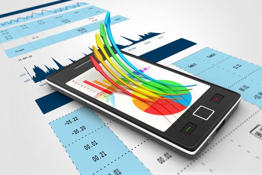 Smart phone showing a growth graph and a pie chart