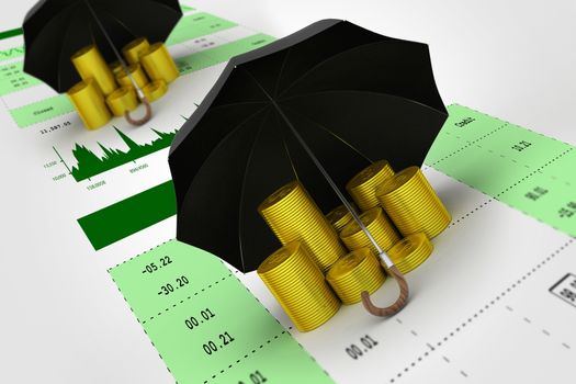 Gold coins under a black umbrella with stock chart