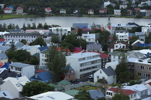 Reykjavik, capital city of Iceland. Tipical icelandic houses upper view.