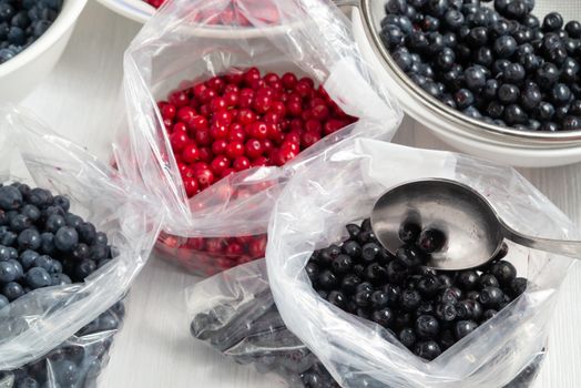 Process of preparing berries for freezing - folding into packages.