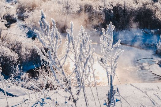 Winter sunny landscape with river and forest.