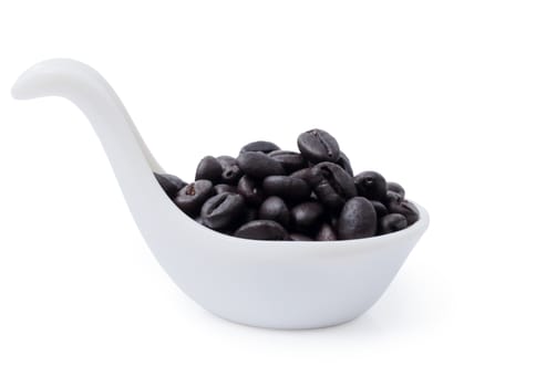 Isolated of coffee beans in ceramic spoon over white background, clipping path.