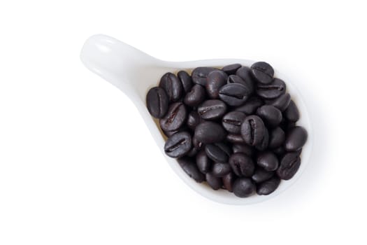 Isolated of coffee beans in ceramic spoon over white background, clipping path.