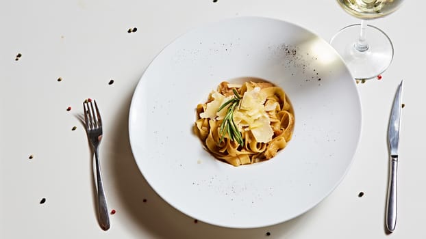 Close-up italian pasta plate with grated parmesan cheese and basil leaf.