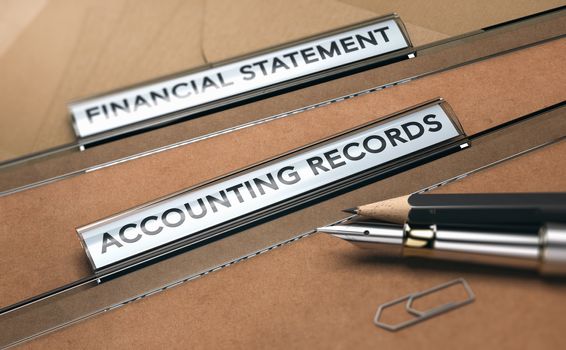 3D illustration of folder tabs with the text accounting records and financial statements, two pencils and a paperclip.