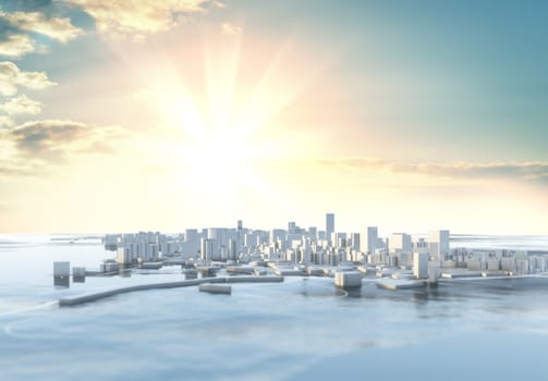 3D illustration. Futuristic City in sunny day. Sky background