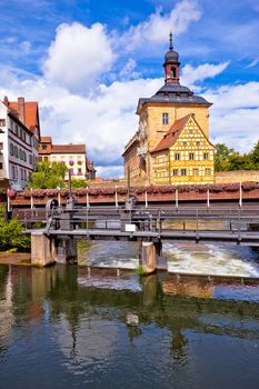 Bamberg. Scenic view of Old Town Hall of Bamberg (Altes Rathaus) with two bridges over the Regnitz river, Bavaria region of Germany