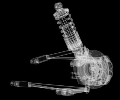 X-ray Car suspension and brake disk on black background, 3d illustration