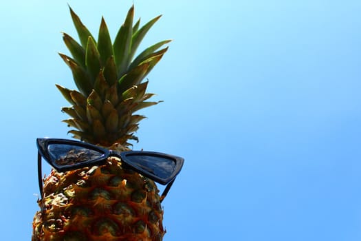 The picture shows a funny pineapple with sunglasses.