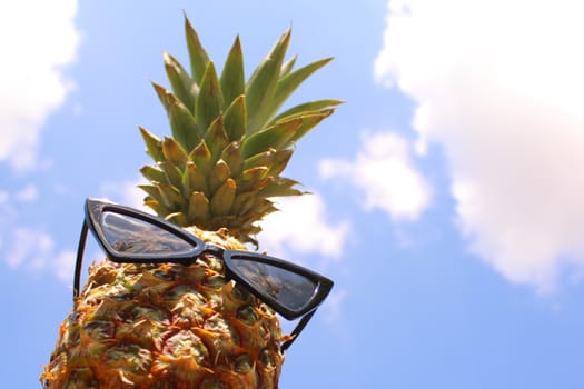 The picture shows a funny pineapple with sunglasses.