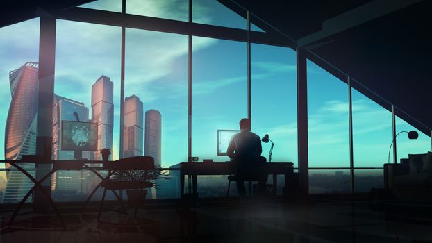 Silhouette of a web designer in an office with windows overlooking the skyscrapers.