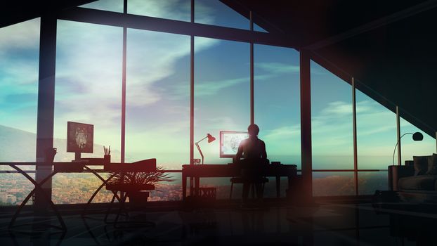 In the office with large windows, the silhouette of a woman at the desk.