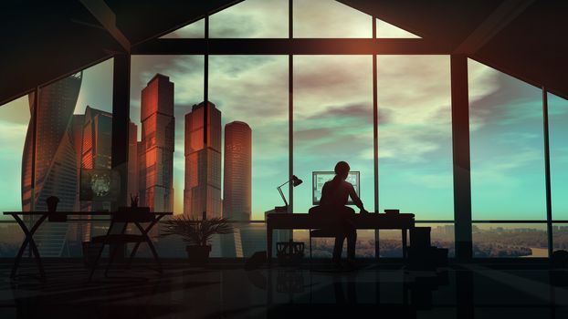 In the office with large windows, sitting at the table, a woman web designer works with a view of the skyscrapers.
