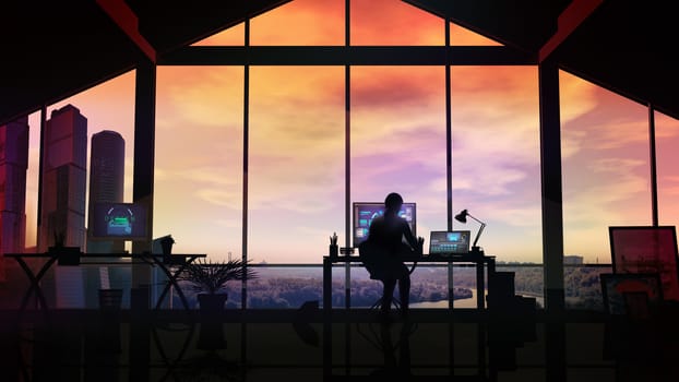 In an office with panoramic windows, a female designer works against a bright evening sky.