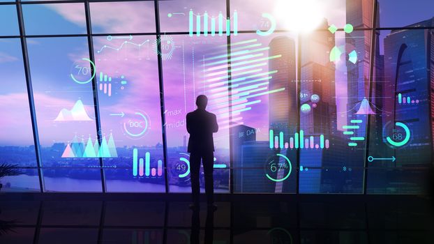 Silhouette of a businessman standing in an office against the background of a window and analyzing infographics using virtual reality.