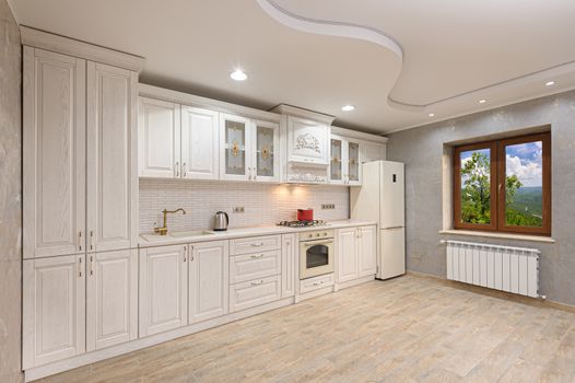 Simple and luxury modern white beige kitchen interior