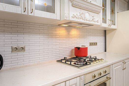 Simple and luxury modern white beige kitchen interior