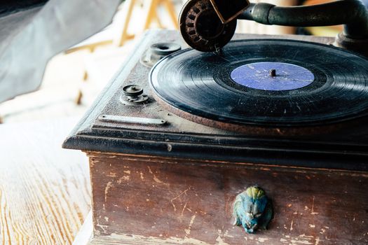Detail of Antique vinyl record player