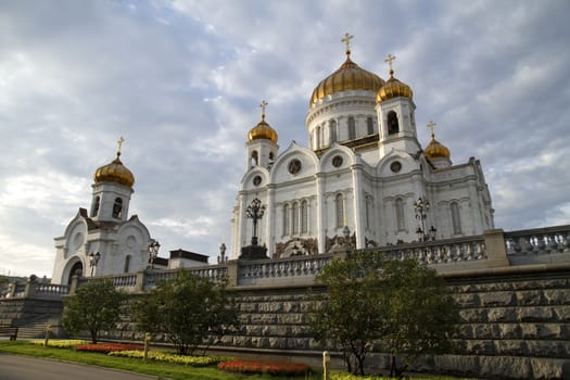 Christ the Savior Cathedral on against cloudy sky, Moscow, Russia.