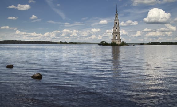 Church stands in water on Volga river. Russia, ​​Kaljazin, city of russian Golden Ring.