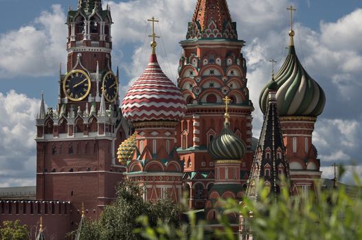 Moscow Russia View on Kremlin and St. Basil Cathedral close up.