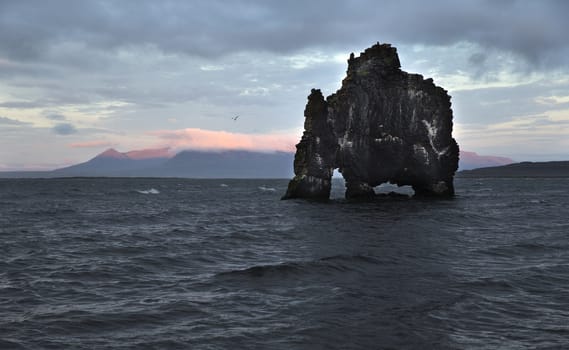 Rocky seashore of the Atlantic ocean in stormy weather, Iceland.