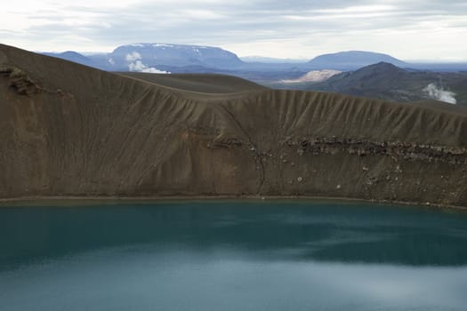 Geothermal Area and a Lake in the Volcano Crater, Krafla Volcanic Region Iceland.