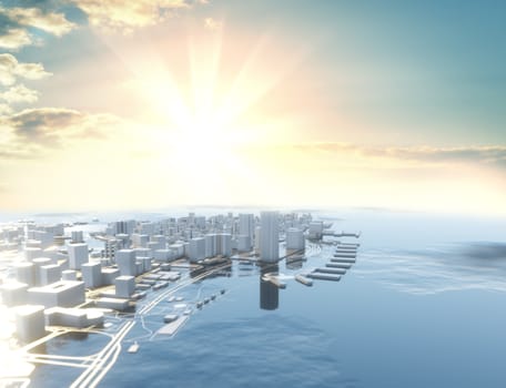 3D illustration. Futuristic City in sunny day. Sky background