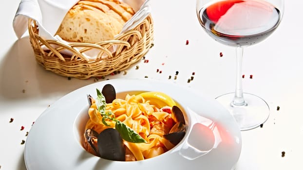 The cooked mussels and pasta with wine glass