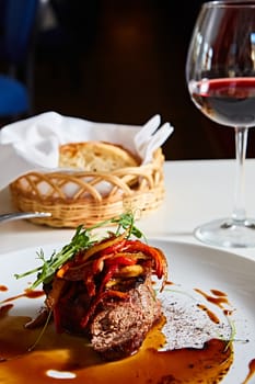 Delicious beef steak with vegetables. Shallow dof