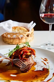 Delicious beef steak with vegetables. Shallow dof