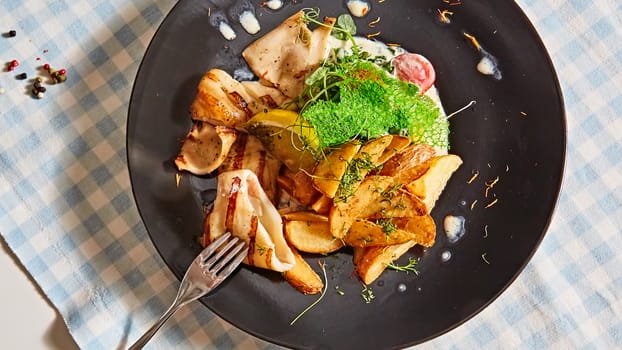 Grilled squid with salad. Shallow dof