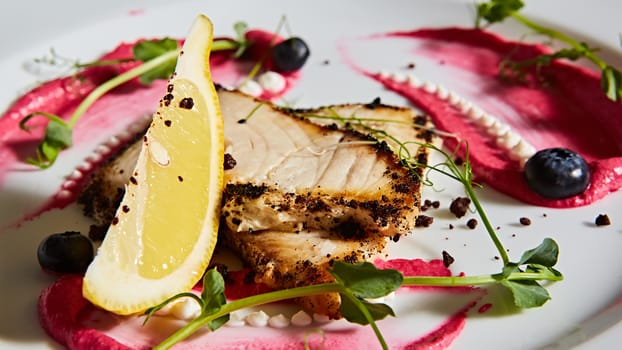 White fish with lemon on white plate, selective focus.