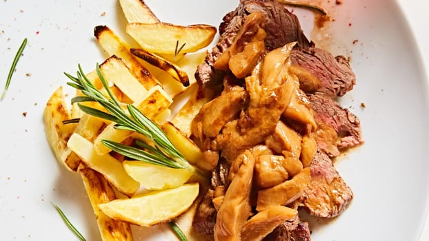 potatoes fried with mushrooms and beef