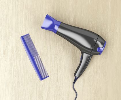 Black hair dryer and purple comb on wood table, top view