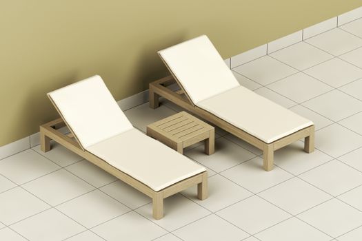 Wooden sun loungers and table in the spa center