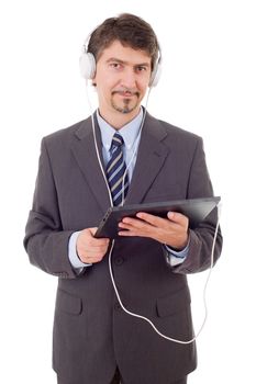 businessman with tablet pc and headphones, isolated