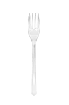 Transparent plastic fork isolated on white background. Close up