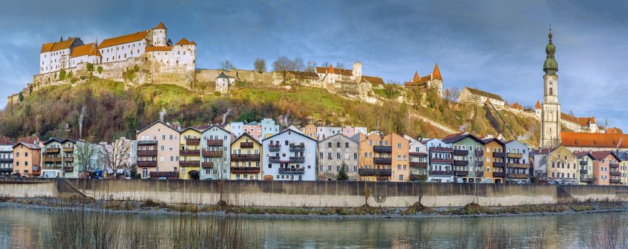 Panoramic view of Burghausen from Salzach river, Germany