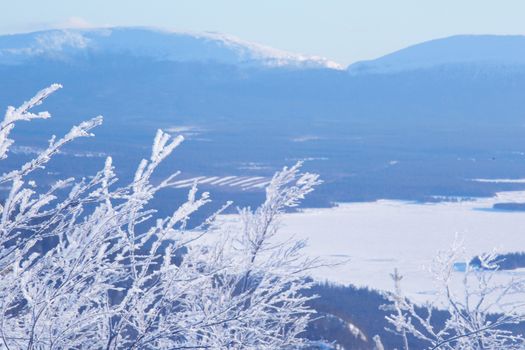 Winter panoramic view at White sea and mountains near Kandalaksha Russia , ?ross mountain