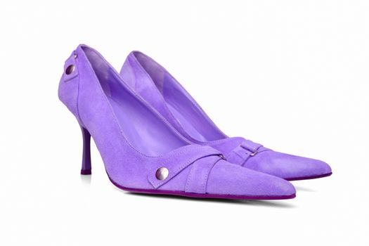 Female purple leather shoes on white background, isolated product.